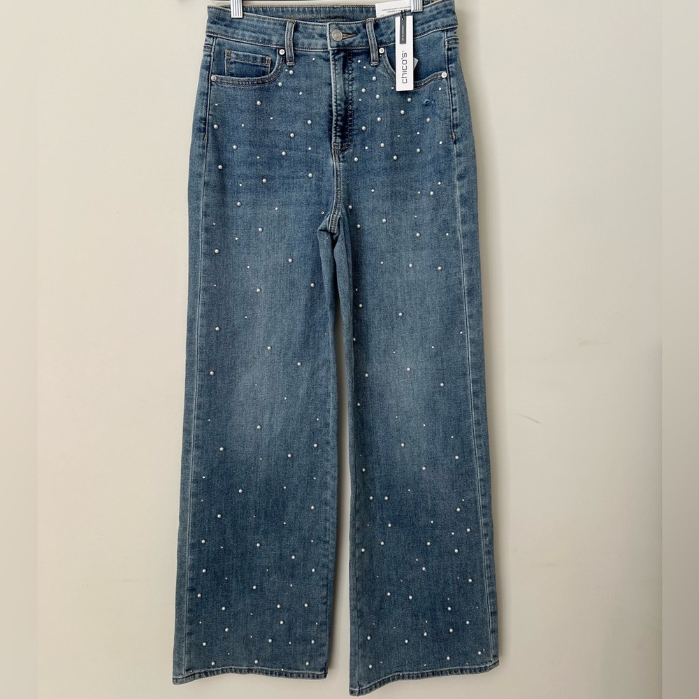 Chico's Pearl Studded Wide Leg Denim Jeans